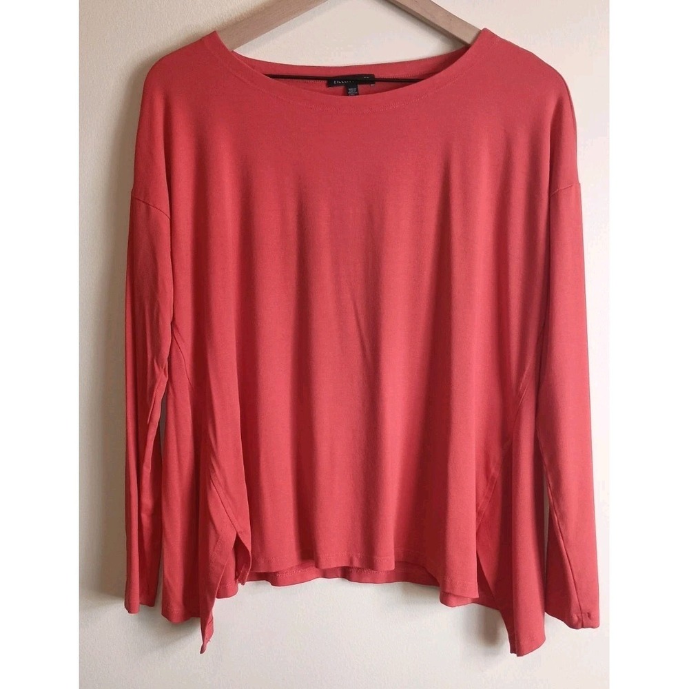 Eileen Fisher Top S Coral Orange Viscose Jersey Knit Draped Hem Boxy Long Sleeve